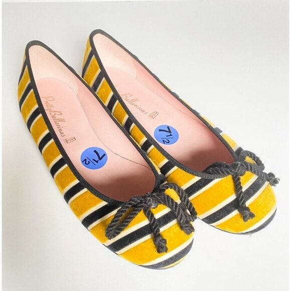 NEW Pretty Ballerinas Striped Yellow Black Round toe Velvet Ballet  Flats 37.5 - Picture 1 of 9